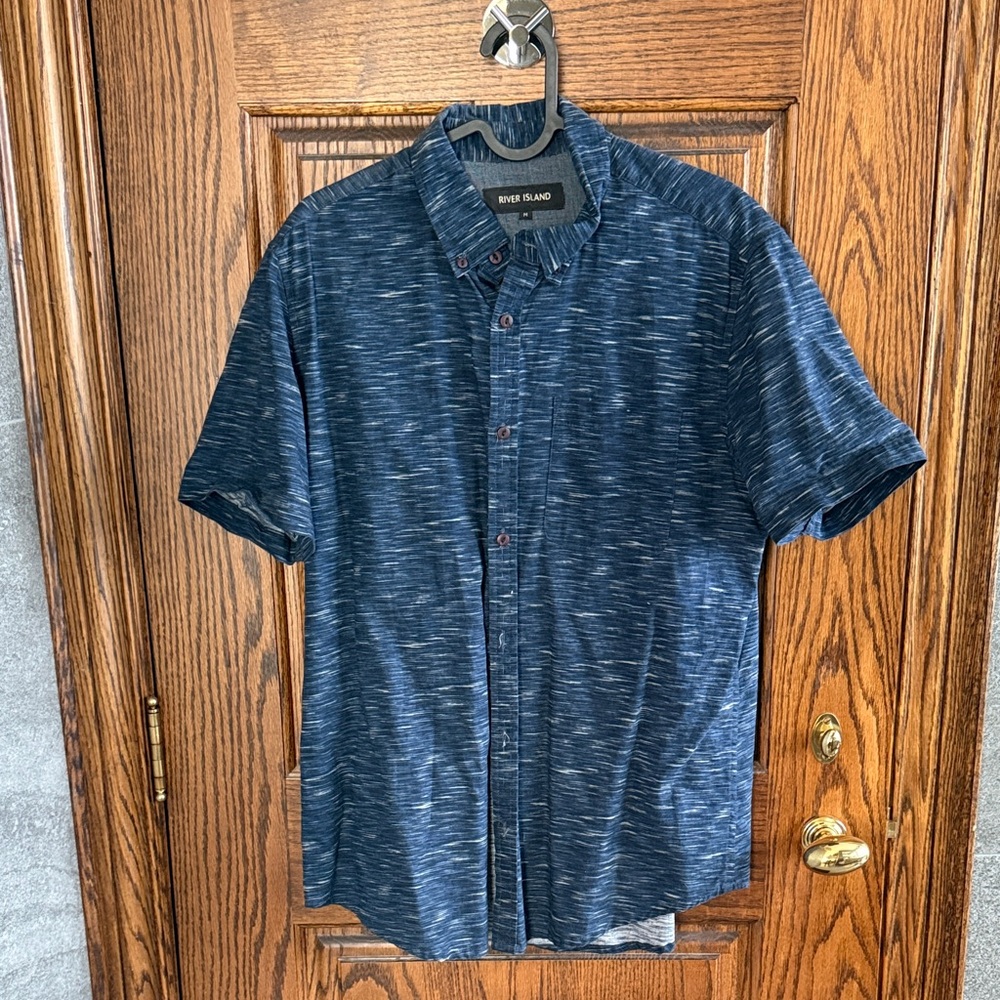 River Island Short-Sleeve Button-Down Shirt in Navy Heather
